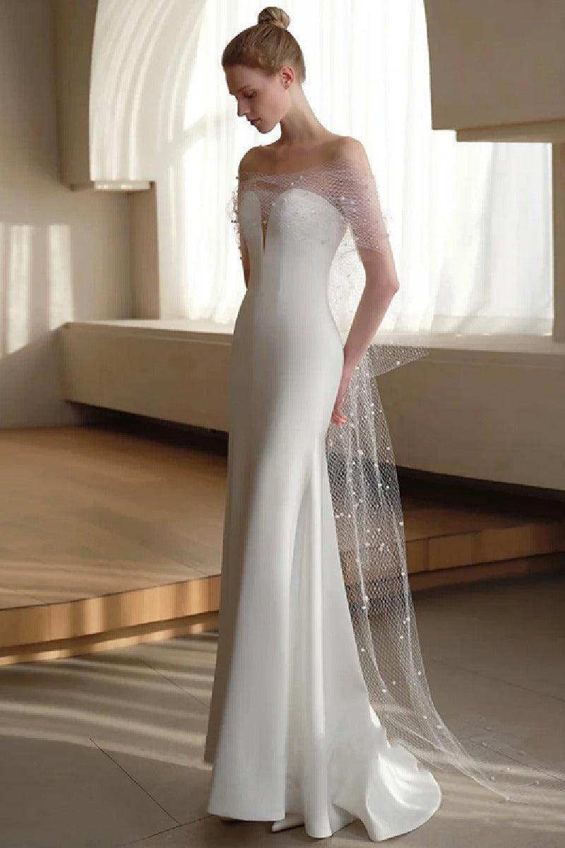 Sheath-Column Sweep-Brush Train Satin Wedding Dress 681142138334 - COCOMELODY